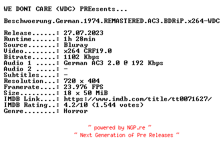 NFO for the release Beschwoerung.German.1974.REMASTERED.AC3.BDRiP.x264-WDC by WDC