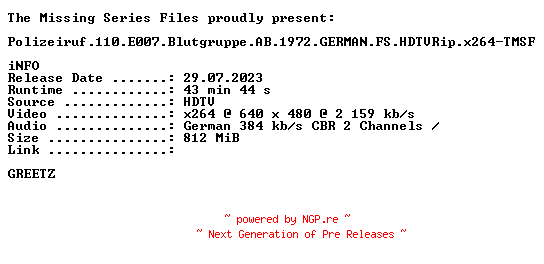 NFO for the release Polizeiruf.110.E007.Blutgruppe.AB.1972.GERMAN.FS.HDTVRip.x264-TMSF by TMSF