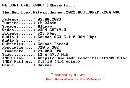 NFO for the release The.Red.Book.Ritual.German.2022.AC3.BDRiP.x264-WDC by WDC