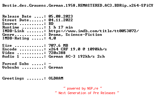NFO for the release Bestie.des.Grauens.German.1958.REMASTERED.AC3.BDRip.x264-SPiCY by SPiCY