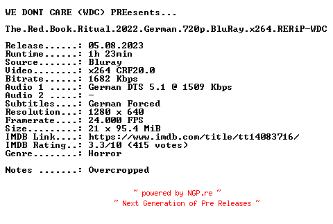 NFO for the release The.Red.Book.Ritual.2022.German.720p.BluRay.x264.RERiP-WDC by WDC