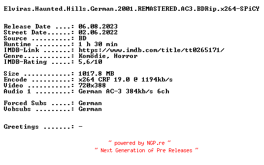 NFO for the release Elviras.Haunted.Hills.German.2001.REMASTERED.AC3.BDRip.x264-SPiCY by SPiCY
