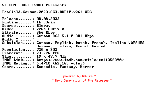 NFO for the release Renfield.German.2023.AC3.BDRiP.x264-WDC by WDC