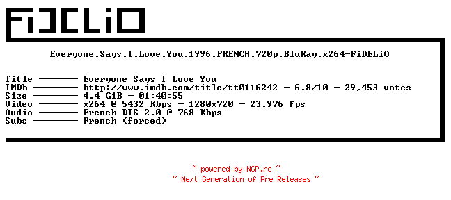 NFO for the release Everyone.Says.I.Love.You.1996.FRENCH.720p.BluRay.x264-FiDELiO by FiDELiO