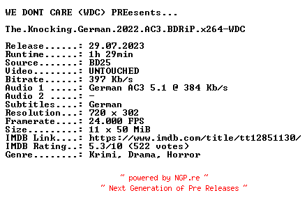 NFO for the release The.Knocking.German.2022.AC3.BDRiP.x264-WDC by WDC