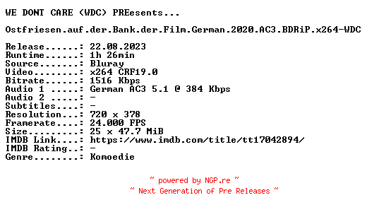 NFO for the release Ostfriesen.auf.der.Bank.der.Film.German.2020.AC3.BDRiP.x264-WDC by WDC