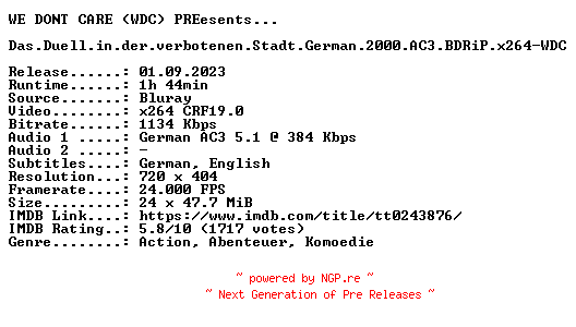 NFO for the release Das.Duell.in.der.verbotenen.Stadt.German.2000.AC3.BDRiP.x264-WDC by WDC