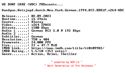 NFO for the release Handgun.Hetzjagd.durch.New.York.German.1994.AC3.BDRiP.x264-WDC by WDC