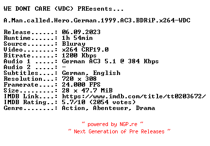 NFO for the release A.Man.called.Hero.German.1999.AC3.BDRiP.x264-WDC by WDC