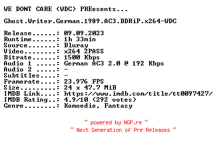 NFO for the release Ghost.Writer.German.1989.AC3.BDRiP.x264-WDC by WDC