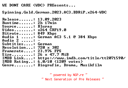 NFO for the release Spinning.Gold.German.2023.AC3.BDRiP.x264-WDC by WDC