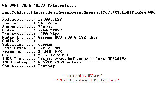 NFO for the release Das.Schloss.hinter.dem.Regenbogen.German.1969.AC3.BDRiP.x264-WDC by WDC