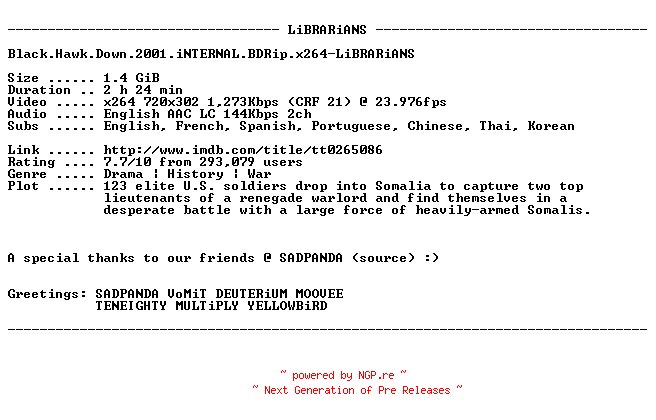 NFO for the release Black.Hawk.Down.2001.iNTERNAL.BDRip.x264-LiBRARiANS by LiBRARiANS