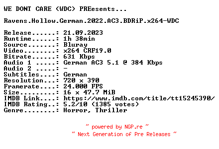 NFO for the release Ravens.Hollow.German.2022.AC3.BDRiP.x264-WDC by WDC