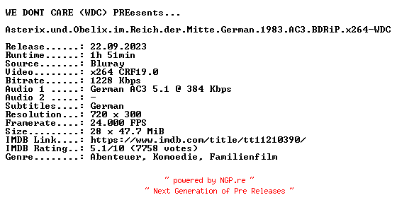 NFO for the release Asterix.und.Obelix.im.Reich.der.Mitte.German.1983.AC3.BDRiP.x264-WDC by WDC