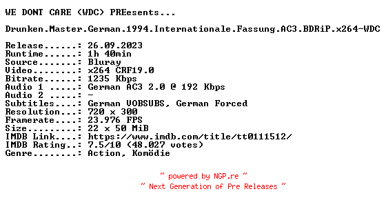 NFO for the release Drunken.Master.German.1994.Internationale.Fassung.AC3.BDRiP.x264-WDC by WDC