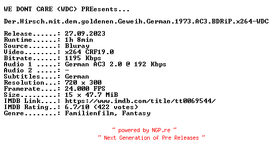 NFO for the release Der.Hirsch.mit.dem.goldenen.Geweih.German.1973.AC3.BDRiP.x264-WDC by WDC