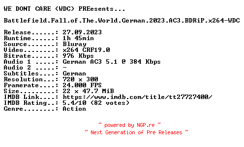 NFO for the release Battlefield.Fall.of.The.World.German.2023.AC3.BDRiP.x264-WDC by WDC