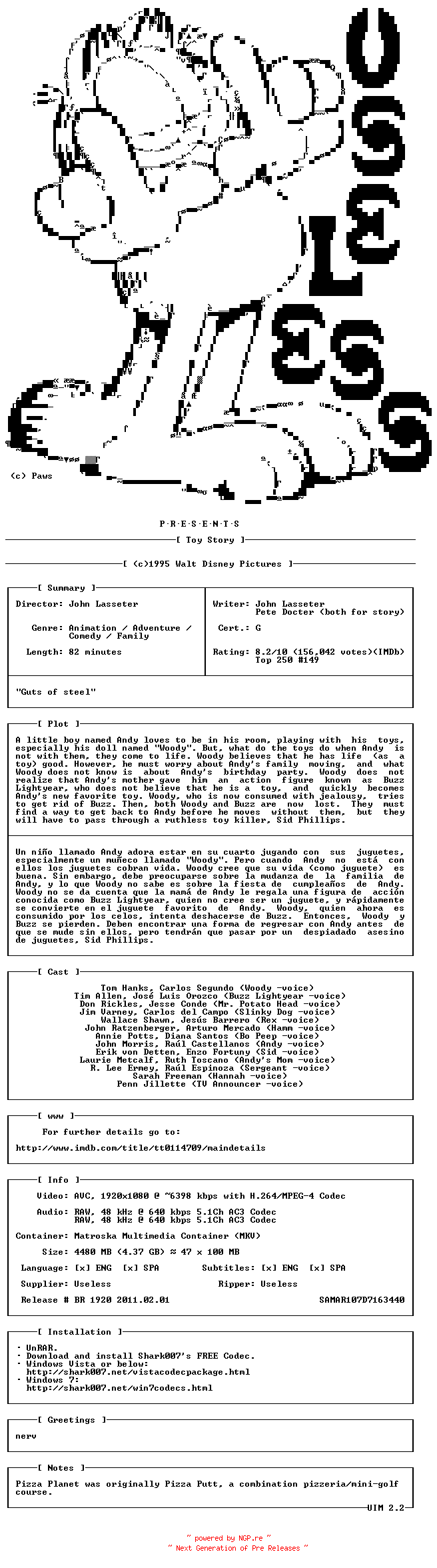 NFO for the release Toy.Story.BDRip.x264.1995.SP-USL by USL