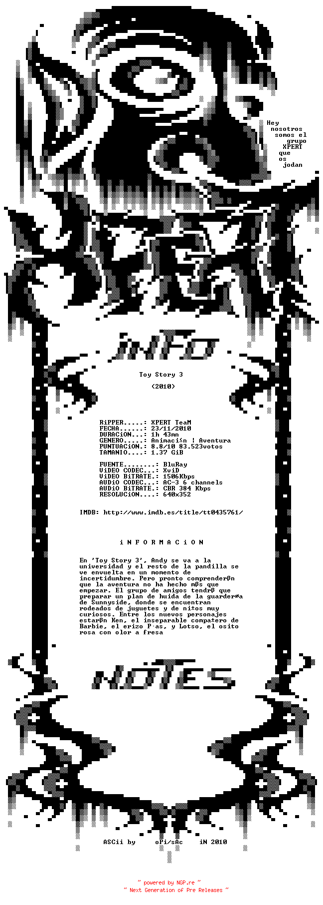 NFO for the release Toy.Story.3.2010.SPANiSH.BDRip.XViD-XPERT by XPERT