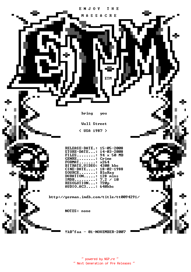 NFO for the release Wall.Street.1987.GERMAN.720p.BluRay.x264-ETM by ETM