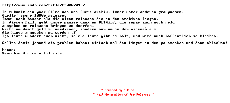 NFO for the release Vier.im.roten.Kreis.German.1970.AC3.BDRip.XViD.READNFO-1stOne by 1stOne