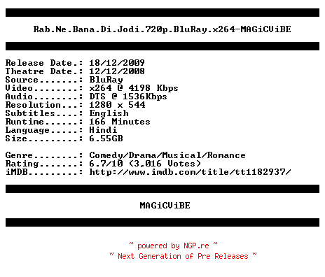 NFO for the release Rab.Ne.Bana.Di.Jodi.720p.BluRay.x264-MAGiCViBE by MAGiCViBE