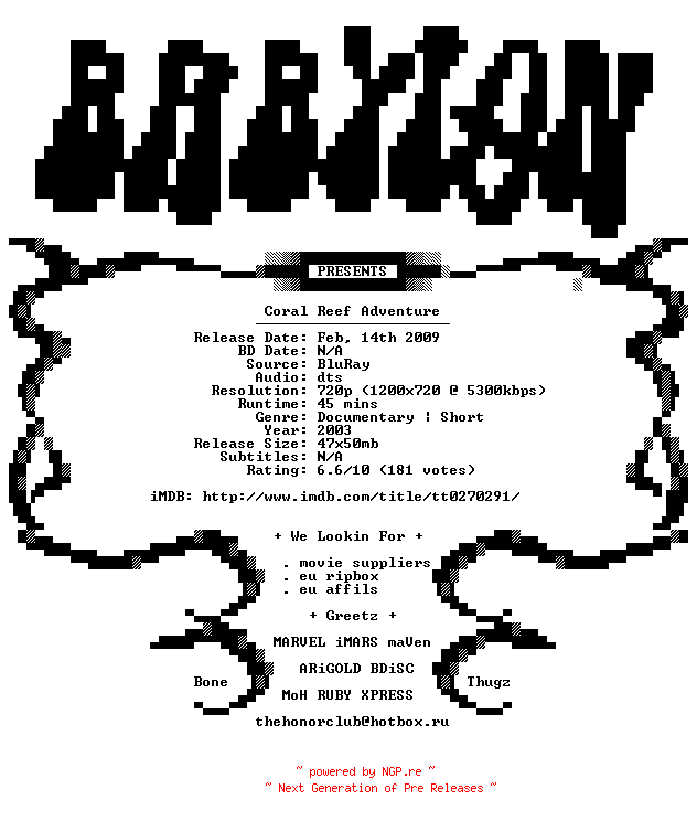NFO for the release Coral.Reef.Adventure.2003.720p.BluRay.x264-Babylon by Babylon