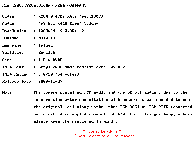 NFO for the release King.2008.720p.BluRay.x264-QUADRANT by QUADRANT