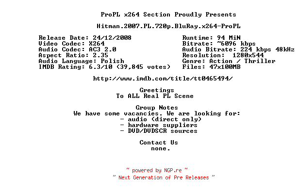 NFO for the release Hitman.2007.PL.720p.BluRay.x264-ProPL by ProPL