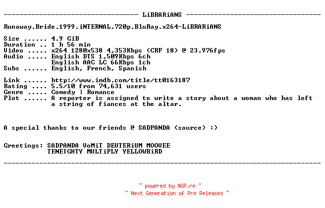 NFO for the release Runaway.Bride.1999.iNTERNAL.720p.BluRay.x264-LiBRARiANS by LiBRARiANS