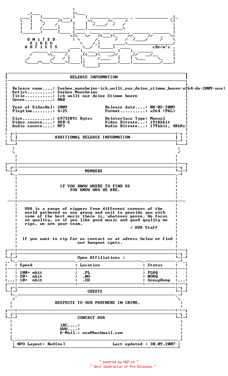 NFO for the release Soehne_mannheims-ich_wollt_nur_deine_stimme_hoern-x264-de-2009-uva by uva