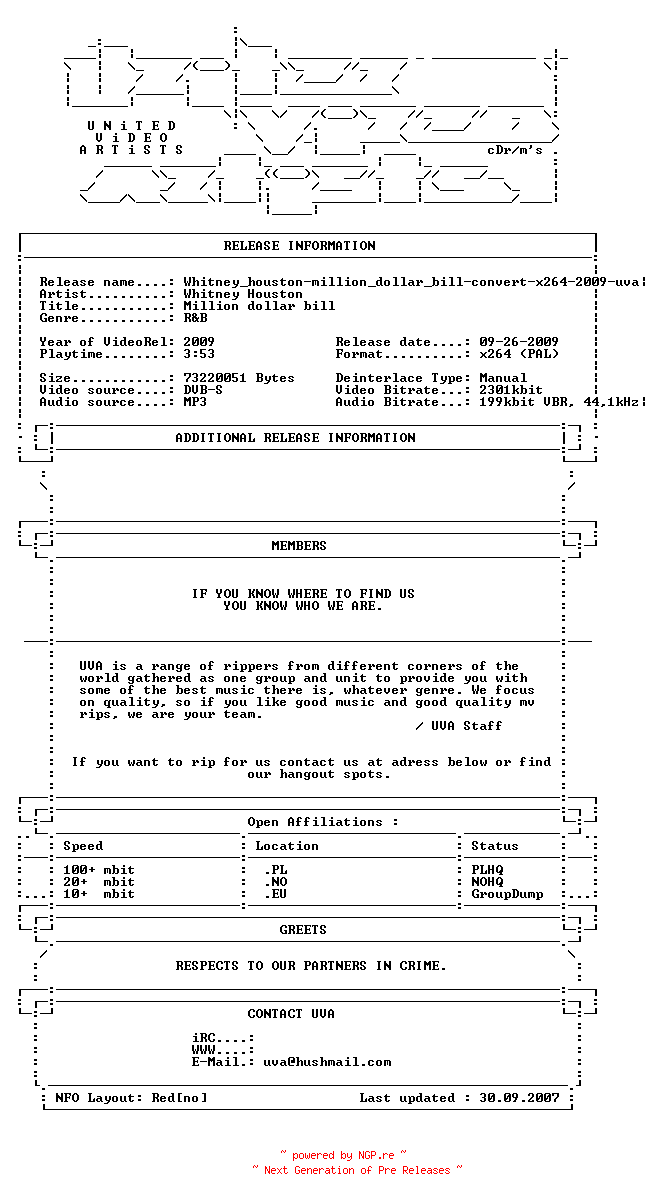 NFO for the release Whitney_houston-million_dollar_bill-convert-x264-2009-uva by uva