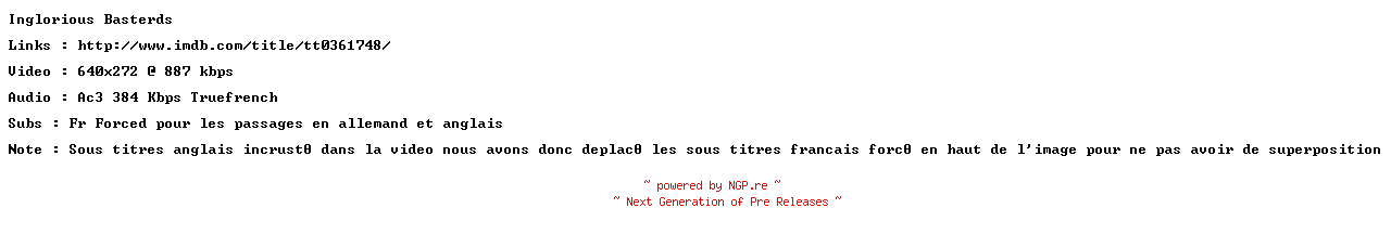 NFO for the release Inglourious.Basterds.FRENCH.BDRiP.XviD-SURViVAL by SURViVAL