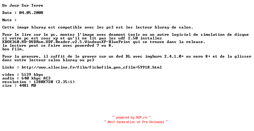 NFO for the release Un.Jour.Sur.Terre.720p.FRENCH.BluRay.x264-iDHD by iDHD