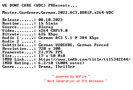 NFO for the release Master.Gardener.German.2022.AC3.BDRiP.x264-WDC by WDC