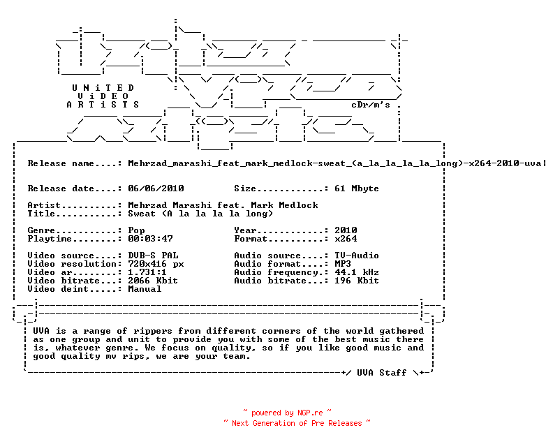 NFO for the release Mehrzad_marashi_feat_mark_medlock-sweat_(a_la_la_la_la_long)-x264-2010-uva by uva