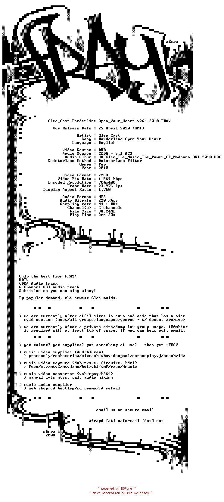 NFO for the release Glee_Cast-Borderline-Open_Your_Heart-x264-2010-FRAY by FRAY