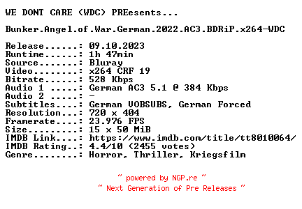NFO for the release Bunker.Angel.of.War.German.2022.AC3.BDRiP.x264-WDC by WDC