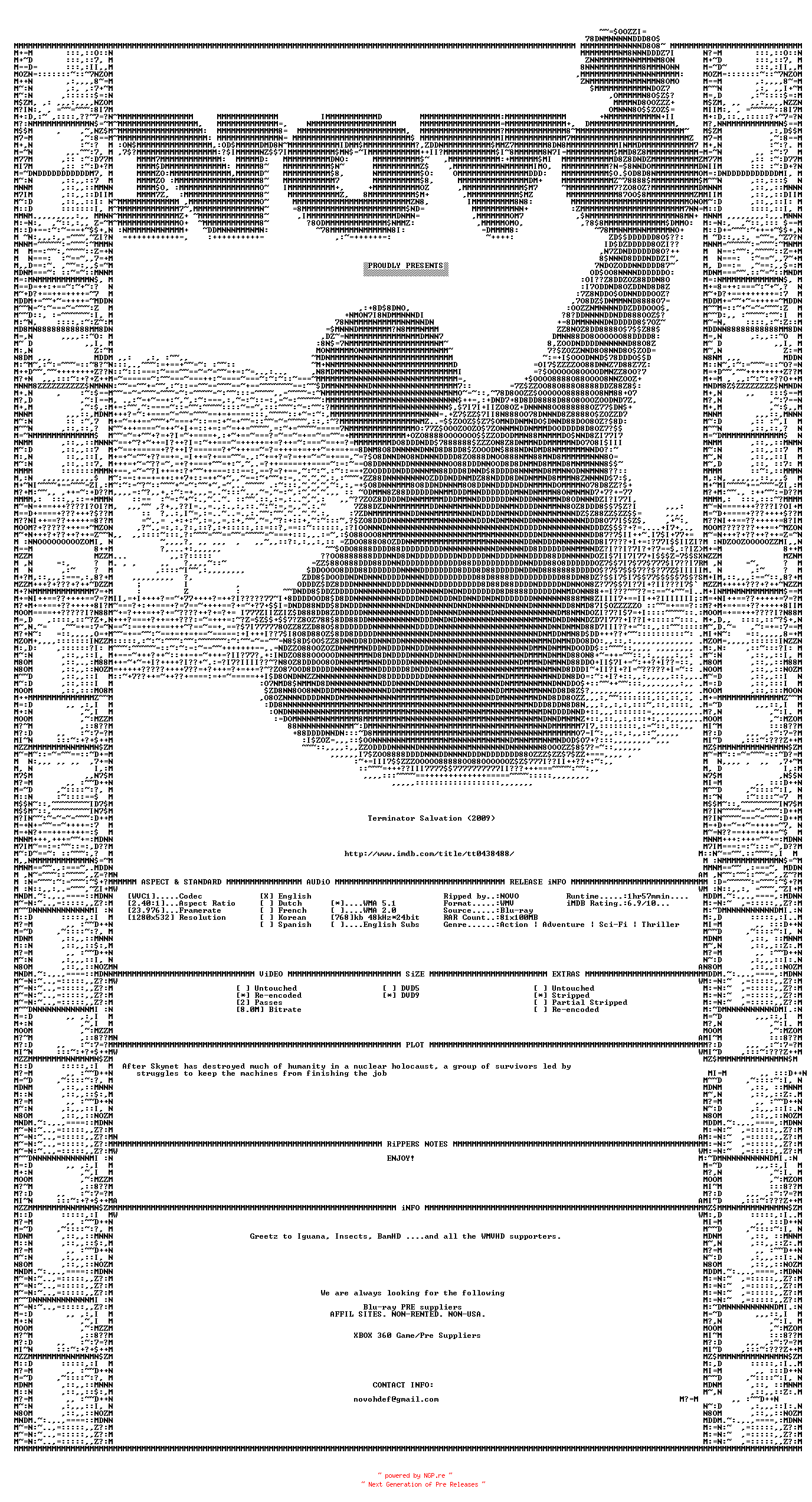 NFO for the release Terminator.Salvation.2009.Bluray.VC1.720P.5.1.WMV-NOVO by NOVO
