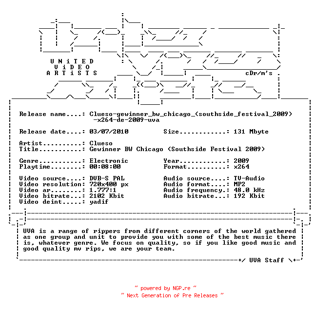 NFO for the release Clueso-gewinner_bw_chicago_(southside_festival_2009)-x264-de-2009-uva by uva
