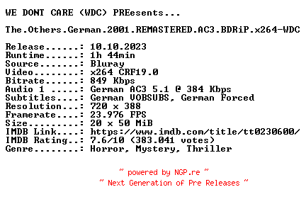 NFO for the release The.Others.German.2001.REMASTERED.AC3.BDRiP.x264-WDC by WDC