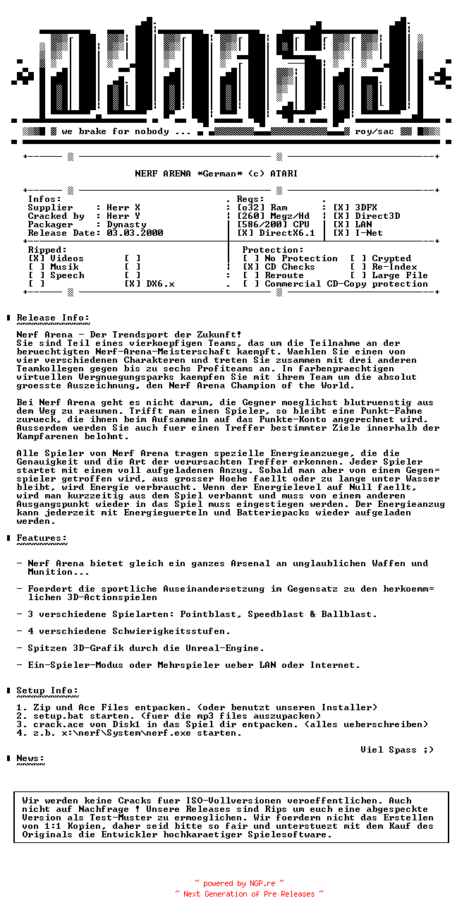 NFO for the release NERF_ARENA_GERMAN-DYNASTY by DYNASTY