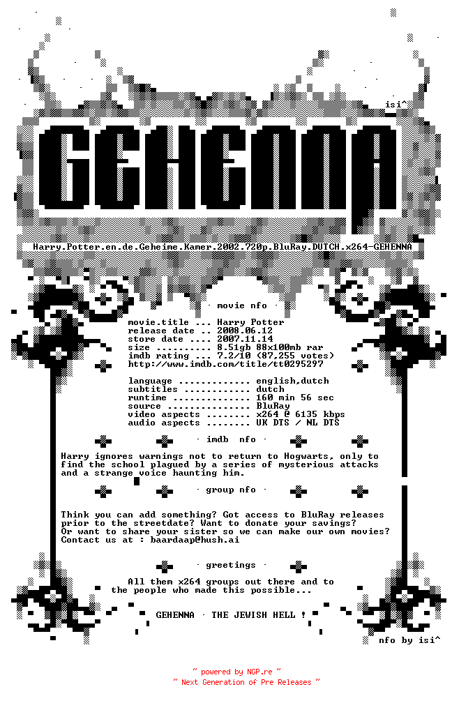 NFO for the release Harry.Potter.en.de.Geheime.Kamer.2002.720p.BluRay.DUTCH.x264-GEHENNA by GEHENNA