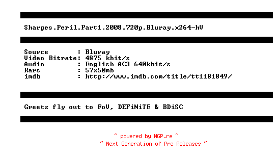 NFO for the release Sharpes.Peril.Part1.2008.720p.Bluray.x264-hV by hV