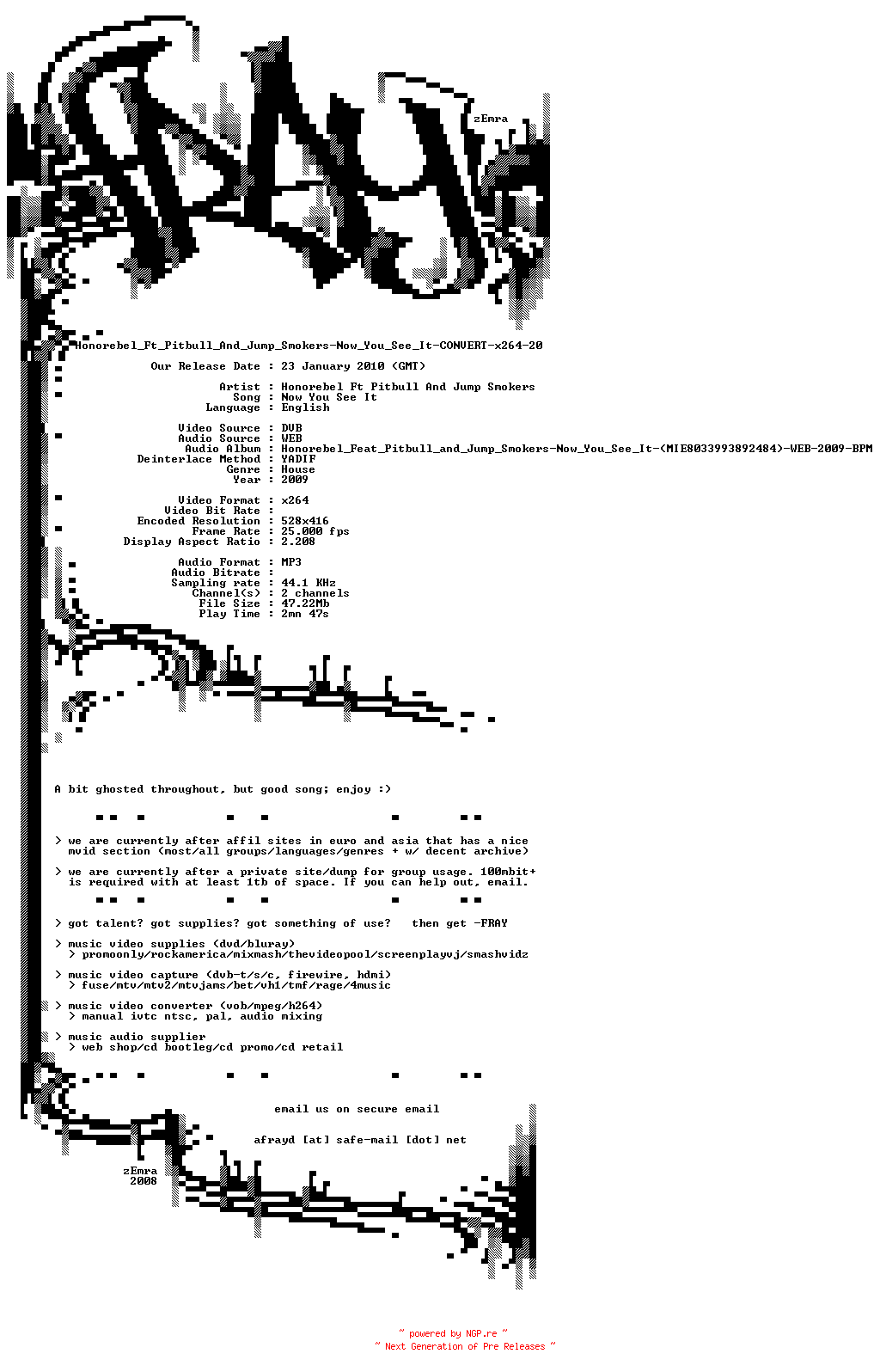 NFO for the release Honorebel_Ft_Pitbull_And_Jump_Smokers-Now_You_See_It-CONVERT-x264-2009-FRAY by FRAY