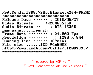 NFO for the release Red.Sonja.1985.720p.Bluray.x264-FREHD by FREHD
