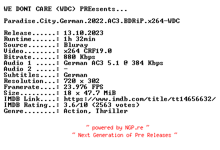 NFO for the release Paradise.City.German.2022.AC3.BDRiP.x264-WDC by WDC