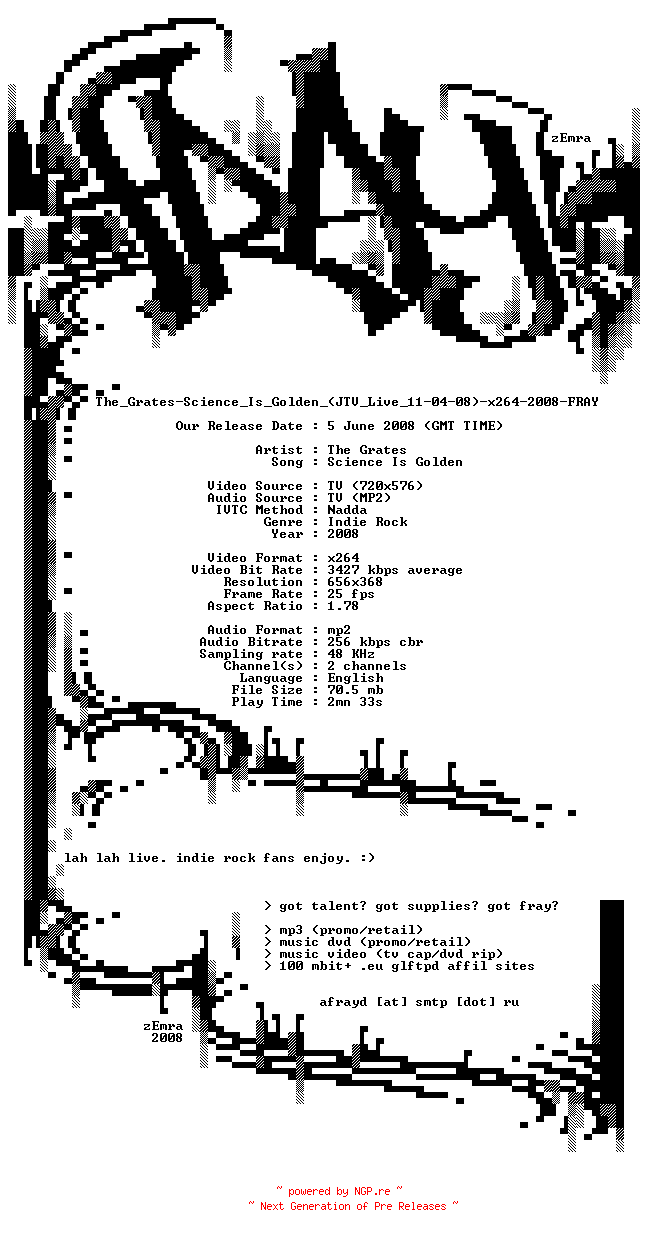 NFO for the release The_Grates-Science_Is_Golden_(JTV_Live_11-04-08)-x264-2008-FRAY by FRAY
