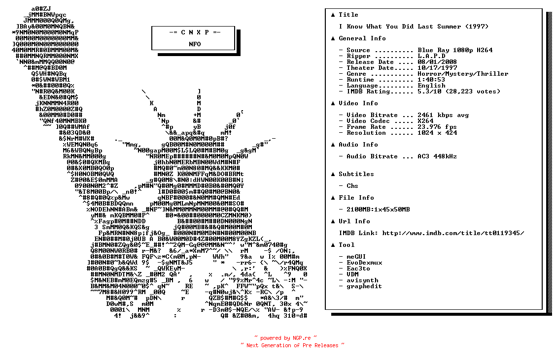 NFO for the release I.Know.What.You.Did.Last.Summer.1997.BDRip.X264-CNXP by CNXP
